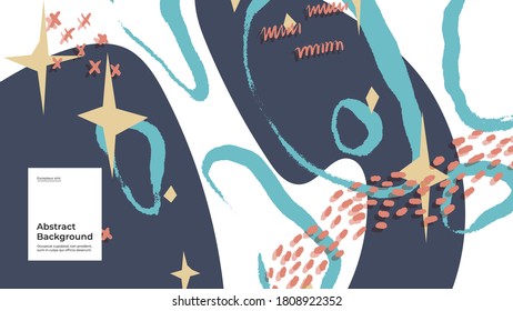 Ilustración de fondo abstracta. Coloridas líneas, puntos, puntos y trazos de pintura. Papel pintado decorativo, fondo. Textura dibujada a mano, elementos decorativos y formas. Vector Eps10.