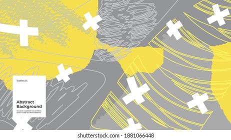 Abstract background illustration. Colorful spots, dots and paint strokes. Yellow and gray palette of 2021. Hand drawn texture, decor elements and shapes. Eps10 vector.
