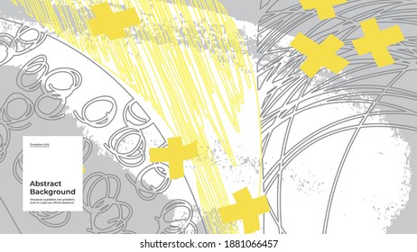 Abstract background illustration. Colorful spots, dots and paint strokes. Yellow and gray palette of 2021. Hand drawn texture, decor elements and shapes. Eps10 vector.