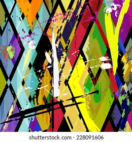 abstract background illustration, composition with paint strokes, splashes, stripes and rhombus