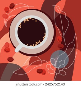 Abstract background illustration with a cup of coffee, coffee beans and coffee plant leaves