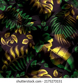 abstract background illustration with shadow tropical plants leaves seamless pattern on dark background. Colorful stylish floral. Floral background. Exotic tropics. nature wallpaper. Summer design