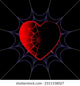 Abstract background illustration of spider web with half black and half red heart shape on isolated black background.