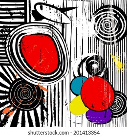 ilustración de fondo abstracta, con trazos, salpicaduras y círculos