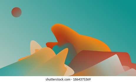 abstrakte Hintergrundgrafik der Sonne, die auf den roten, orangefarbenen und blauen Hügeln der Wüste mit blauem Himmel scheint