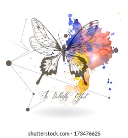 Abstract background with the image of a butterfly. The Butterfly Effect - a calligraphic inscription.
