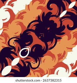 An abstract background image characterized by swirling, overlapping shapes in a warm color palette of orange, cream, and deep purple, with some white accents, evoking a sense of dynamic movement.