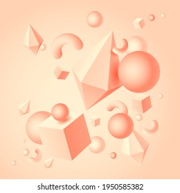 Abstract background with the image of color geometric 3d shapes of cubes, rhombuses, squiggles, balls, vector illustration 10EPS
