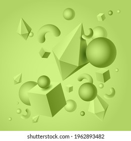 Abstract background with the image of color geometric 3d shapes of cubes, rhombuses, squiggles, balls, vector illustration 10EPS