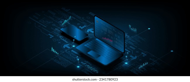 Abstract background image, digital technology concept, circuit board, network, graph, market data, technology trading on laptop and mobile phone.