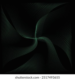Abstract background image, flowing particles, green dots, wave pattern, halftone gradient, curved shape, isolated on black background. Vector in concept of technology, science, music,