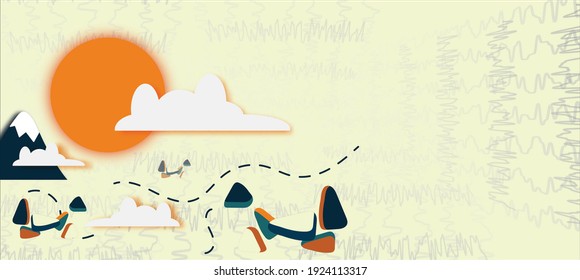 
Abstract background image has mountains, sun, clouds, lines, rocks.