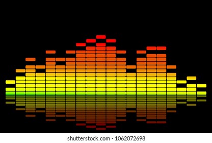 Abstract background image of music equalizer display. Minimal plain music equalizer background. Colorful music representation with black background color. Colorful equalizer with reflection.