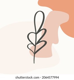 Abstraktes Hintergrundbild mit gerundeten minimalistischen Formen in gedämpften Farben und einem Ast mit Blättern. Vektorgrafik für Druck, Internet, Postkarte, Poster, Inneneinrichtung, Textilien.