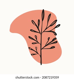 Abstract background image with rounded minimalistic shape in muted color and a branch with leaves or tree. Vector illustration for print, internet, postcard, poster, interior, textile.