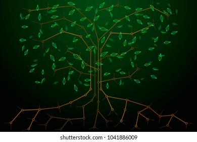 Abstract background with the image of a synthetic cyber tree and leaves flying in all directions. Modern, vector.