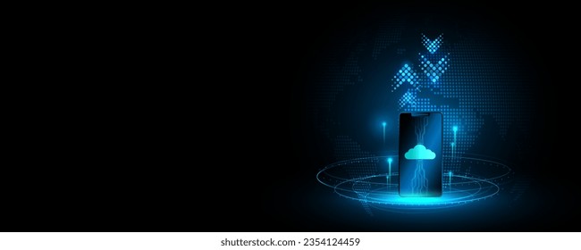 Resumen de la imagen de fondo del concepto de tecnología, el sistema de almacenamiento en la nube en el teléfono inteligente y la red de comunicación inteligente.