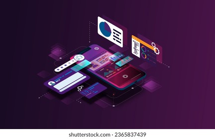 Abstract background image, technology concept, web development on smartphone, data graph visualization and trading.