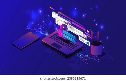 Abstract background image, technology concept, laptop, data locking, network encryption, web site