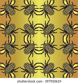 Abstract background imitated at gold color with outline insect template in vector. Creative wallpapers with golden bees or beetle template in pattern. Elegant trendy print 