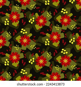 Abstract background with imitation of a Christmas Poinsettia flower. Abstraction with simple shapes with spots and dots of green and yellow dots on a black background. Holiday packaging