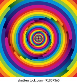 Abstract background with infinite arrow shaped spiral elements of all rainbow colors, vector illustration.