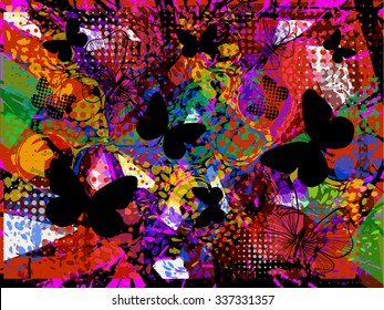 Abstract background of ink stains with butterflies. Vector