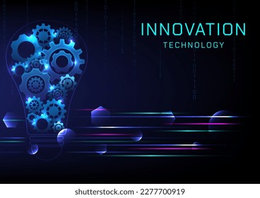abstract background innovation light bulb technology There is an inner cog with a bright glow. multicolored neon lines circle and hexagon with binary numbers above blue gradient background
