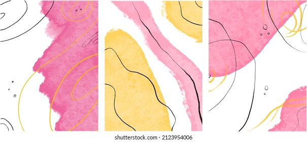 fondo abstracto para inscripciones. abstracción con oro y flores rosas. ideas de fondo de pantalla de teléfono. hermosa abstracción en vector. tres ilustraciones abstractas. idea para postales. iluminación de acuarela