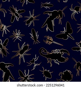 Abstract background with insects.Vector pattern with silhouettes of insects with golden decor on a colored background.