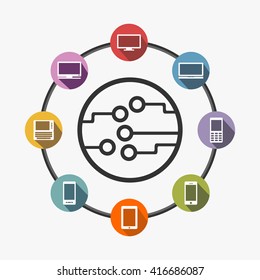 Abstract background with integrated circles and icons for digital, internet, network, connect, communicate, distributed system concept. Technology connection concept. 