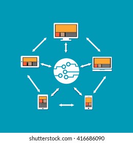 Abstract background with integrated circles and icons for digital, internet, network, connect, communicate, distributed system concept. Technology connection concept. 