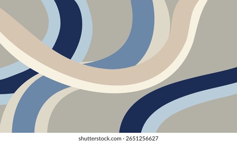 Plano de fundo abstrato com linhas onduladas entrelaçadas e formas orgânicas em tons de azul, bege e cinza. Um design gráfico contemporâneo destacando curvas intrincadas e uma paleta de cores calma