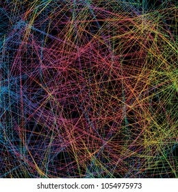 Abstract  background with intersecting colorful lines. Blue, green, violet, pink and yellow lines on dark background. Vector illustration.