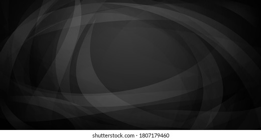 Abstract background of intersecting curves and bent translucent shapes in black and gray colors