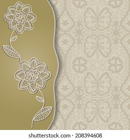 Abstract background, invitation card design with flowers an butterflies, lace frame border pattern, floral and geometric ornament, hand drawn art