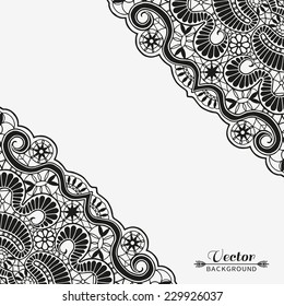 Abstract background, invitation or greeting card design with black lace corner pattern, beautiful luxury postcard, ornate page cover, ornamental vector illustration