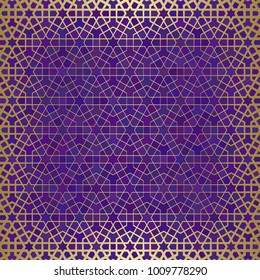 Abstract background with islamic ornament, arabic geometric texture. Golden lined tiled motif over colored background with stained glass style.
