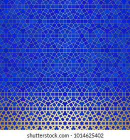 Abstract background with islamic ornament, arabic geometric texture. Golden lined tiled motif over colored background with stained glass style.