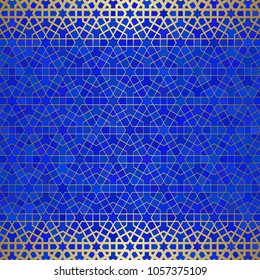 Abstract background with islamic ornament, arabic geometric texture. Golden lined tiled motif over colored background with stained glass style.