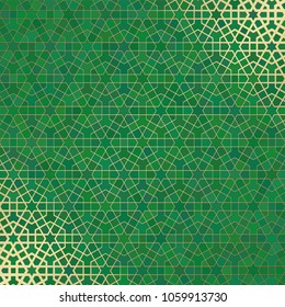 Abstract background with islamic ornament, arabic geometric texture. Golden lined tiled motif over colored background with stained glass style.