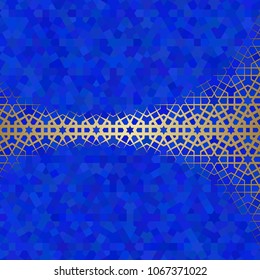 Abstract background with islamic ornament, arabic geometric texture. Golden lined tiled motif over colored background with stained glass style.