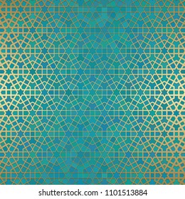 Abstract background with islamic ornament, arabic geometric texture. Golden lined tiled motif over colored background with stained glass style.