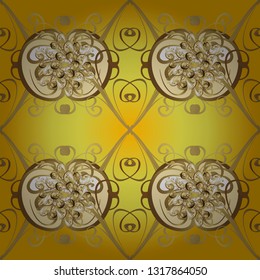 Abstract background with islamic ornament, arabic geometric texture. Lined tiled motif over colored background with curls style.Illustration in yellow and beige colors. Seamless pattern. Vector sketch