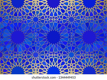 Abstract background with islamic ornament, arabic geometric texture. Golden lined tiled motif over colored background with stained glass style.