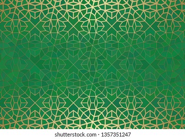 Abstract background with islamic ornament, arabic geometric texture. Golden lined tiled motif over colored background with stained glass style.
