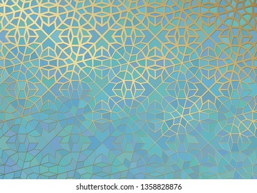 Abstract background with islamic ornament, arabic geometric texture. Golden lined tiled motif over colored background with stained glass style.