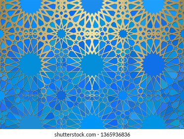 Abstract background with islamic ornament, arabic geometric texture. Golden lined tiled motif over colored background with stained glass style.