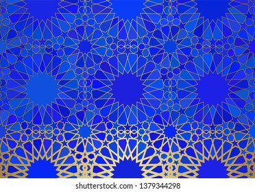 Abstract background with islamic ornament, arabic geometric texture. Golden lined tiled motif over colored background with stained glass style.