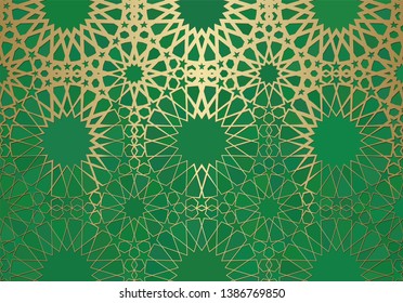 Abstract background with islamic ornament, arabic geometric texture. Golden lined tiled motif over colored background with stained glass style.